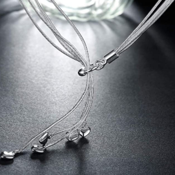 Italian Sterling Silver 5 Chains 5 Five-Heart Necklace 21.6" Heart Necklace - Picture 5 of 6